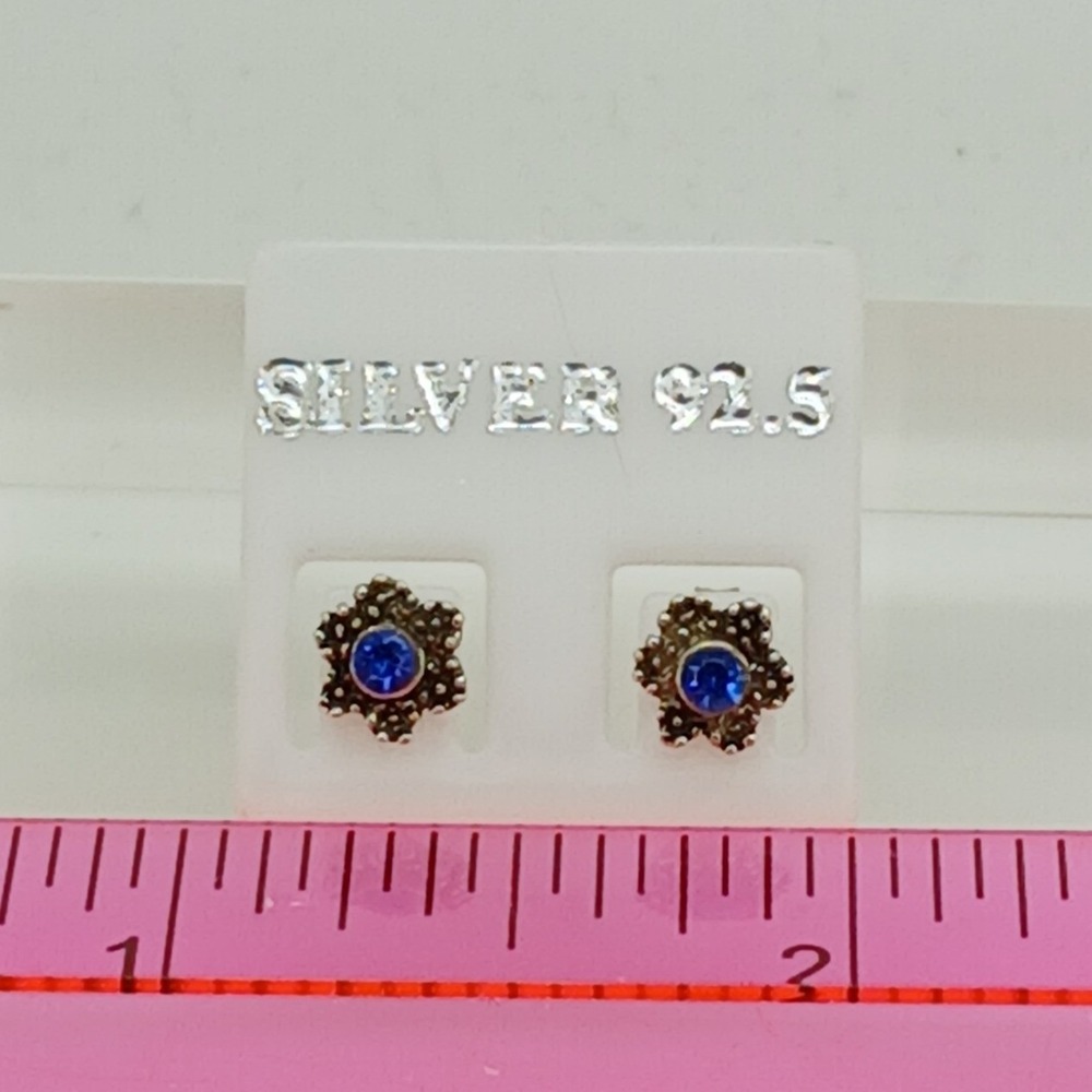 Vintage 925 Sterling Silver Blue Crystal Flower Stud Earrings Floral Jewelry - Picture 5 of 16